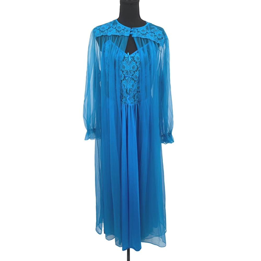 Barbizon Nightgown Robe Set Women XL Blue Nylon Vintage Lace Peignoir USA Made